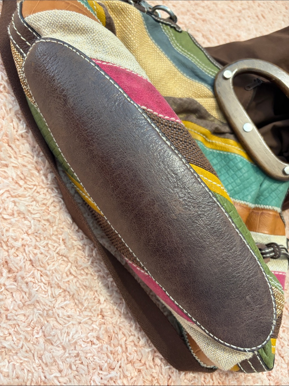 Fossil Kristy II patchwork hobo bag leather, suede, canvas wood handle crossbod - Picture 15 of 17